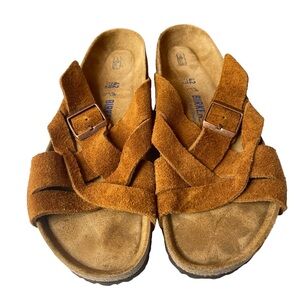 Birkenstock Lugano Soft Footbed Suede Leather Cognac Mink Sandals L:11/M:9